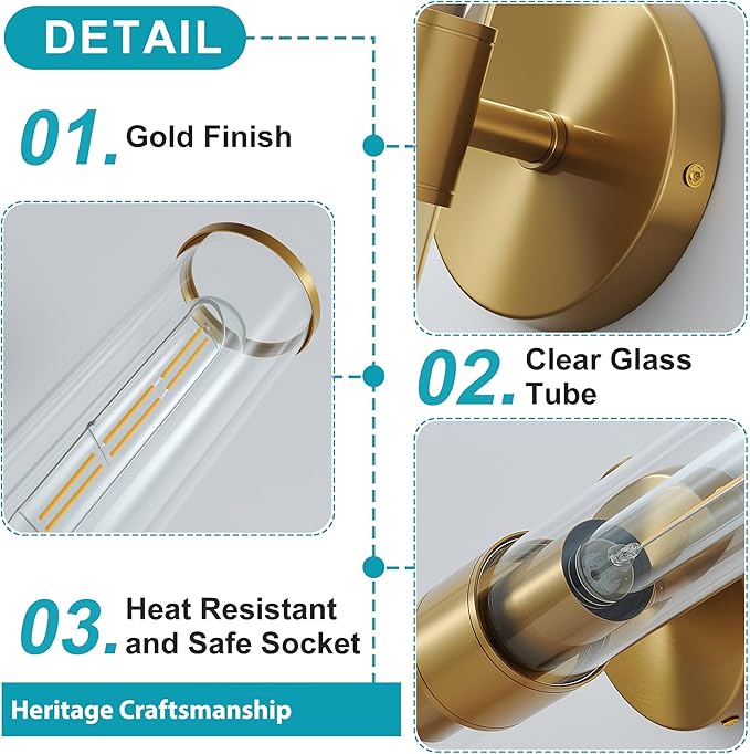Gold Wall Sconce 2 Pack Hardwired, Bathroom Light Fixtures Clear Glass Featuring Two E26 sockets, Vanity Lights Fixtures for Bathroom, Dimmable - Bulb Not Included, UL Certification