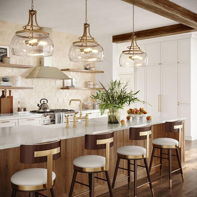Charleston 16" Wide Warm Gold 3-Light LED Luxe Pendant Light Light Fixture | Brass Chandelier Modern Dimmable Clear Seedy Glass for Dining Room Living House Home Foyer Kitchen Island Entryway Bedroom