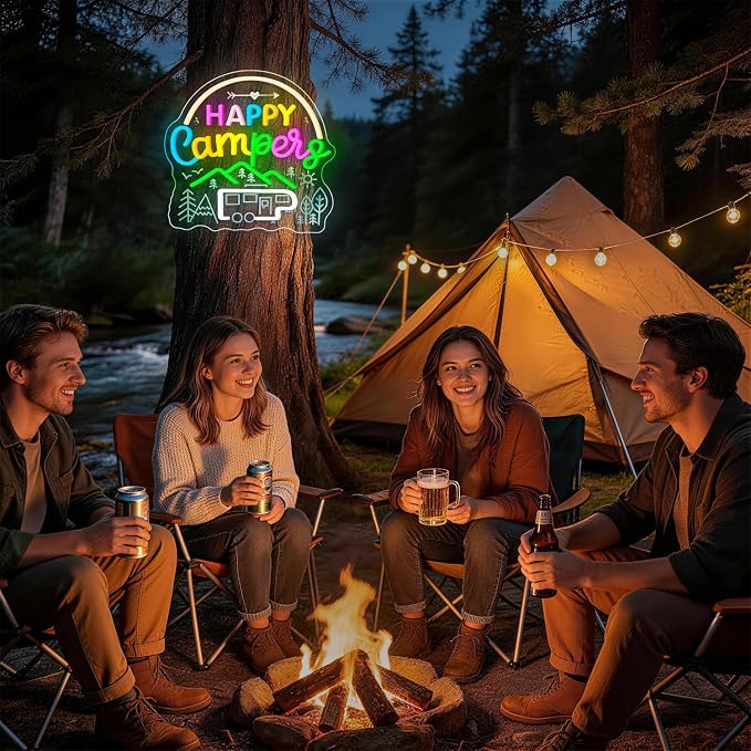 Camping Neon Sign Car Neon Signs for Wall Decor Happy Camper Sign Lights Up Van Life Travel Trailer LED Camping Decor for Inside Outdoor Decorations Camper Gifts for Teens Picnic Lovers