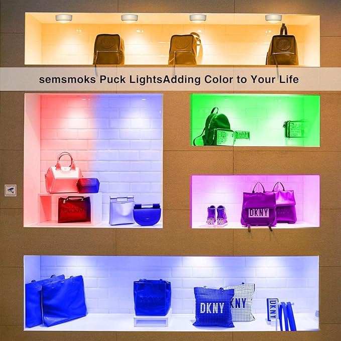SEMSMOKS Battery Operated LED Push Lights with Wireless Remote, 13 Color RGB - for Closet, Bedroom Wall, Under Cabinet, Battery Powered Puck Lights. Convenient 3M Stick On(Black, 2-Packs)