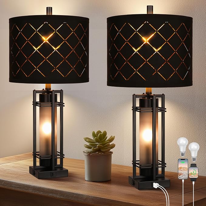 WIHTU 27'' Modern Table Lamp Set of 2 with Nightlight, Metal Bedside Lamps | Black Grid Shade, Square Base, 2 LED Bulbs Included, E26 Base, with USB Port, Rocker Switch, Nightstand Lamps for Bedroom