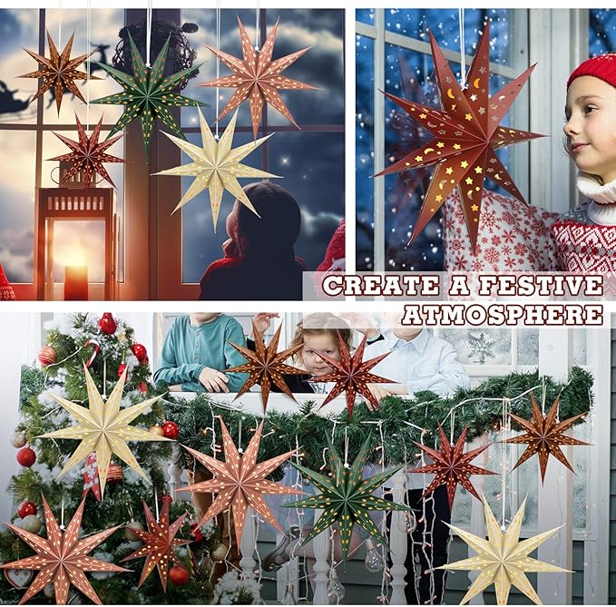 5 Set 3D Paper Star Lantern - 9 Pointed Hanging Star Lampshade for Xmas Wedding Birthday Party Decor(Brown, Green, Beige, Red, 24 Inch)
