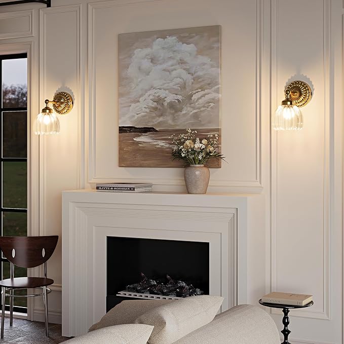 Battery Operated Wall Sconce, Vintage Wall Light, 2 Pack, Clear Tulip Glass | Gold Metal Base, 5200mAh Rechargeable, Dimmable LED, Remote Control, Cordless, Bedside, Bedroom, Doorway, Living Room
