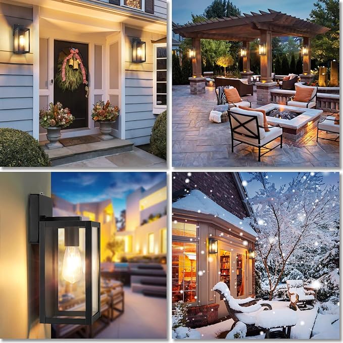 2-Pack Dusk to Dawn Outdoor Wall Lights, Black Exterior Sconces | Auto ON/OFF, Waterproof, Rust-Resistant, Durable Metal with Clear Glass, Standard E26 Socket, Easy to Install