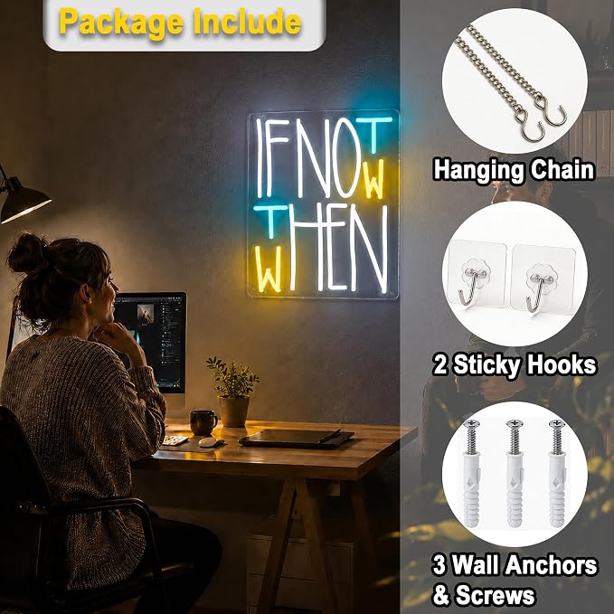 Positive Neon Lights Signs Neon Sign Led Sign Light for Wall Decor | If Not Now Then When Neon Sign for Room Decor,Positive Decoration,Motivational Wall Decor,Gift,5V USB Powered Dimmable