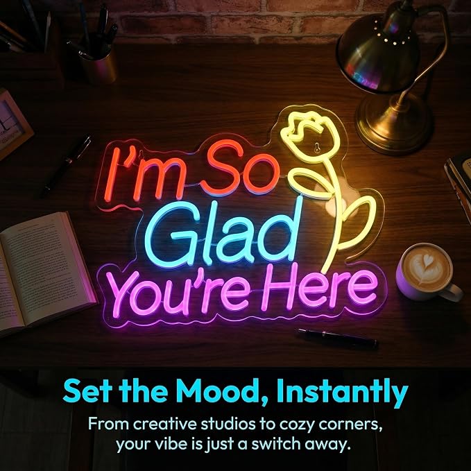 "I'm So Glad You're Here" Neon Sign - Welcome Decor with Rose | 15.7"x12.2" Multicolor LED Sign for Wall Decor, 6.5ft USB Powered & Dimmable, Hanging Chain Included