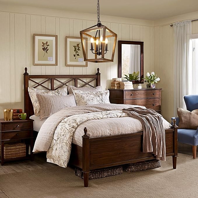 Farmhouse Chandelier Light Fixture for Kitchen Dining Room, 4-Light Rustic Pendant Hanging Ceiling Light Height Adjustable in Oak Wood Finish, Cage Lantern Lighting with E12 Base for Hallway Foyer | Industrial Kitchen Lantern chandelier Over Table, Pen...