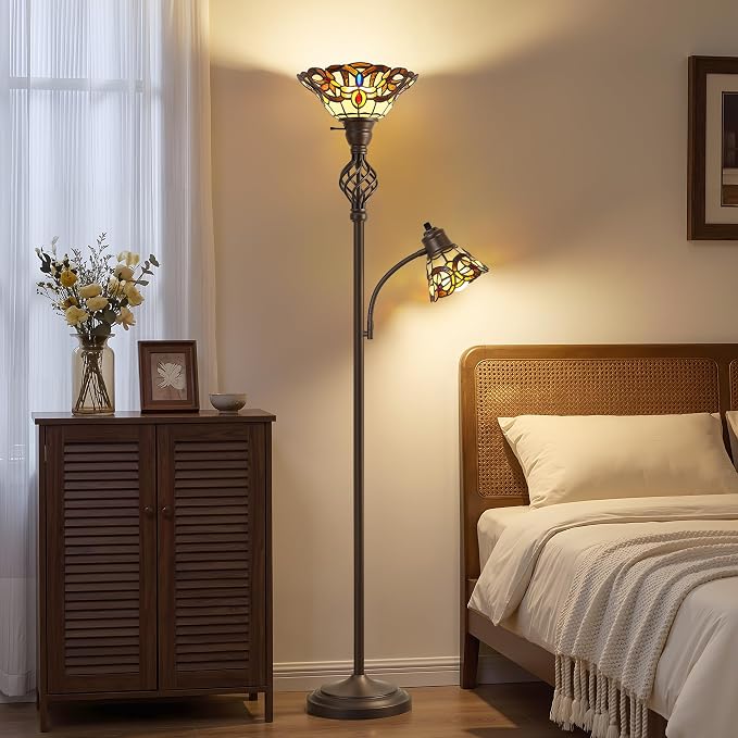 Tiffany Floor Lamp, Torchiere Floor Lamps with Stained Glass Shade, 70" Tall Standing Lamp with Adjustable Gooseneck Reading Lamp for Living Room Bedroom Office, Bulbs Included