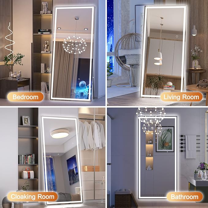 Hasipu Full Length Mirror with Lights, 81" x 34" LED Lighted Floor Standing, Full Body Dressing Hanging Mounted Mirror, Tempered Glass, Square Black