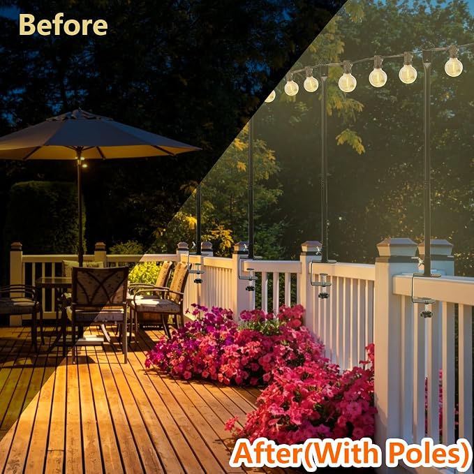 Patio Light Poles for String Lights, 4FT 8 Pack Deck Poles for String Lights with Fence-Friendly Clamps, String Light Poles for Deck Railing Clamp Mount, Metal Hanging Posts for Backyard Garden Bistro