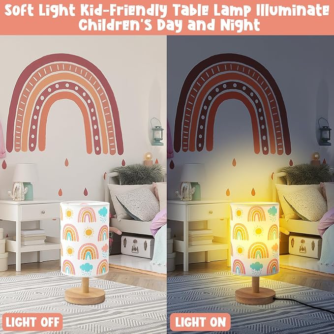 Rainbow Table Lamp for Kids Bedroom - Boho Rainbow Kids Bedside Lamp with Linen Wooden Nightstand Cartoon Nursery Lampshade for Girls Room Decor