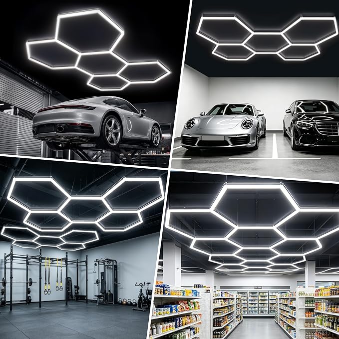 Hexagon LED Garage Lights 2026 Updated,1.3-inch Widened Light Surface, 168W 18000LM 6500K 5 Grids, Thickened-PC Shell, LED Shop Lighting for Garage, Car Detailing, Gym, Workshop, Basement