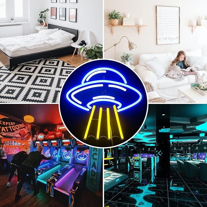 LUCUNSTAR UFO Neon Sign For Room Alien LED Neon Light Spaceship Dimmable Space Neon Signs for Wall Decor Blue UFO Neon Light Up Sign for Bedroom Game Room Wall Decor Ufo Lovers