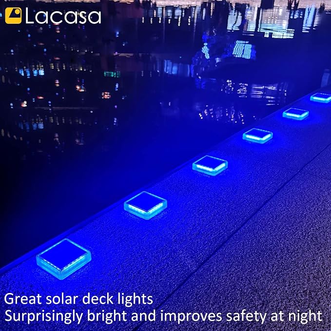 Lacasa Solar Deck Lights, 4 Pack 30LM LED Dock Lights Blue Light, Outdoor Solar Powered Step Lights Light up All Night IP68 Waterproof Auto ON/Off for Garden Stairs Driveway Pathway Lighting