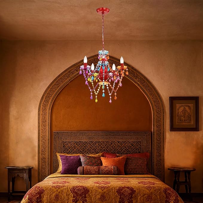 Colorful Chandelier for Bedroom Small 5-Light Acrylic Crystal Ceiling Light Fixture for Girls Bedroom, Pink Nursery Chandelier Lighting for Closet, Bathroom, Playroom, Entryway