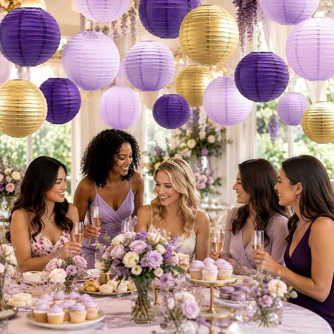 21-Pack Purple Gold Hanging Paper Lanterns Decorative | Round Lavender Lanterns Party Supplies for Graduation, Wedding, Bachelorette Event, Birthday & Baby Shower