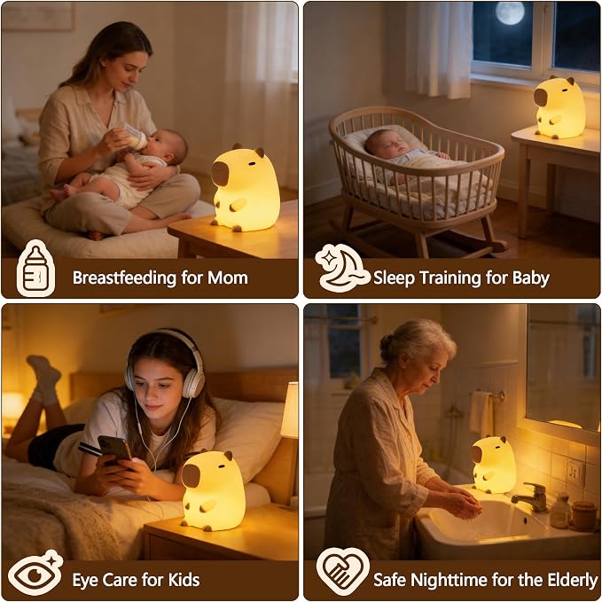 FAMIDUO Capybara Night Light for Kids,Safe Squishy Silicone Nursery Light | BPA-Free Silicone,20Min Timer,Dimmable Rechargeable Touch Bedside Lamp, Cute Gifts for Boys Girls Toddler, Kids Room Decor