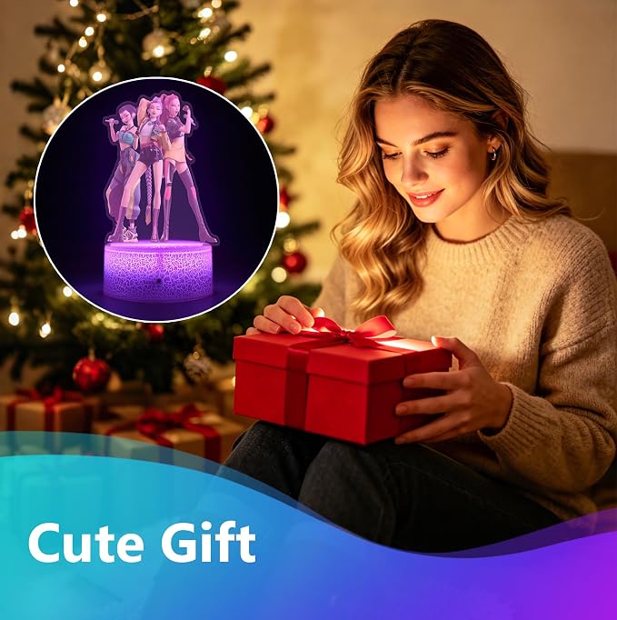 Cartoon Night Light, Korea Pop 3D Illusion Lamp with 16 Colors Changing, Timer Function, 4 Flash Modes and Dimmable, Room Decoration, Holiday Xmas Gifts