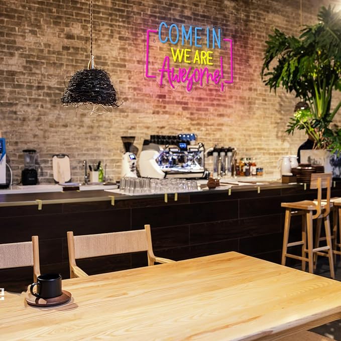 Come In We Are Awesome Neon Sign Usb Powered Positive Quotes Neon Light for Wall Decor Dimmable Open Come In Light Sign for Bar Coffee Hotel Shop Pub Store(15.75 * 12.6In)