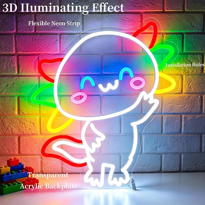 Axolotl Neon Sign Led Sign Neon Signs for Wall Decor Neon Lights | Salamander Led Light Up Sign, White Game Room Decor, Boys Girls Gift, Party, Wall Decor, 5V USB Powered