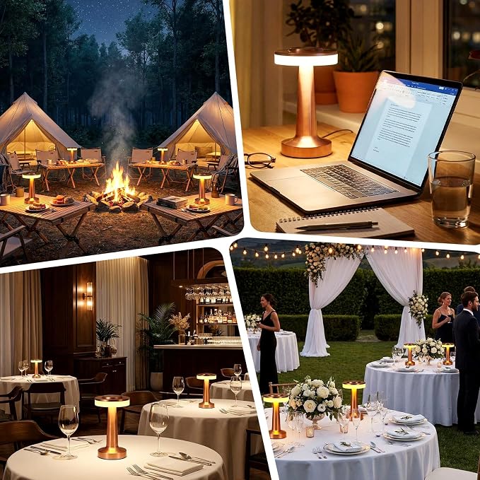 Riakrum 4 Pcs Rose Gold LED Portable Cordless Table Lamp Bulk with Touch Sensor 3 Color Stepless Dimming Rechargeable Battery up to 15 Hours Cordless Table Light Wireless Lamp Wedding Home