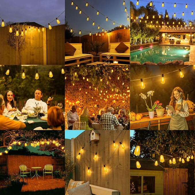 25FT Outdoor String Lights 13 Bulbs, 2200K Amber Lights | 1 Spare ST38 Edison Bulb Dimmable, Connectable Plug-in LED Patio Lights for Outsiede, Cafe, Wedding, Christmas