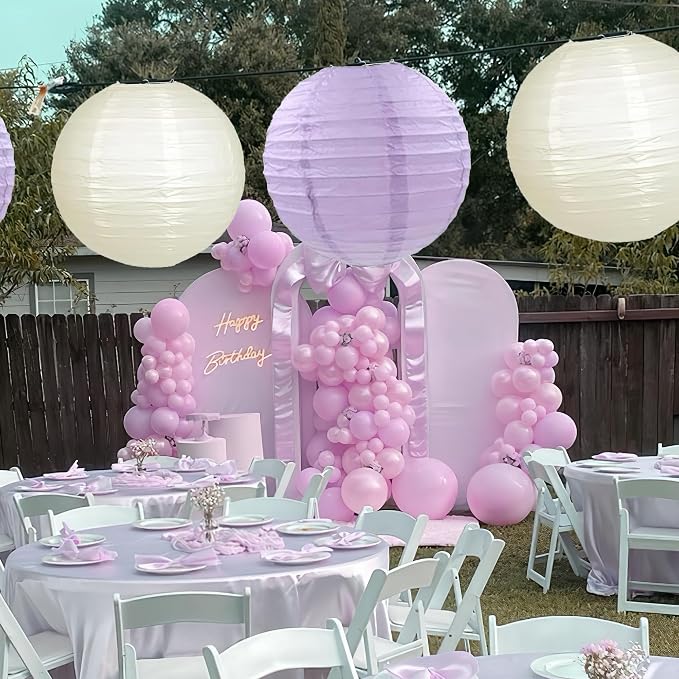 20Pcs Paper Lanterns, Purple and Ivory Round Hanging Lanterns for Wedding | 6"8"10" Round Paper Lanterns Decorations for Engagement Rustic Party Bridal Shower Birthday Baby Shower Home Classroom Decor