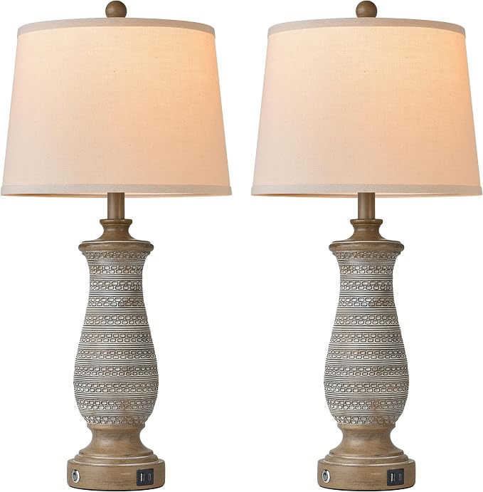 Living Room Lamps Set of 2, Table Lamps for Bedroom, Farmhouse Lamps for Nightstand with Oatmeal Linen Lampshade (Wood Grain-2)