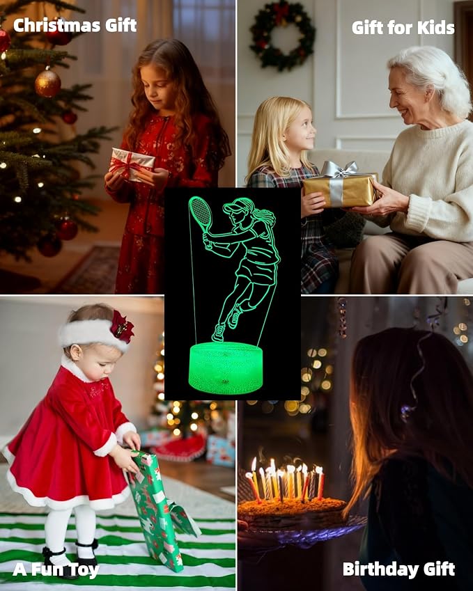 Tennis 3D Illusion Night Light Gift for Girls, 16 Colors Changing | Dimmable, Touch & Remote Control, Room Bedroom Décor, Birthday Christmas Kid Teen Women Ball Player Sport Fan Lamp