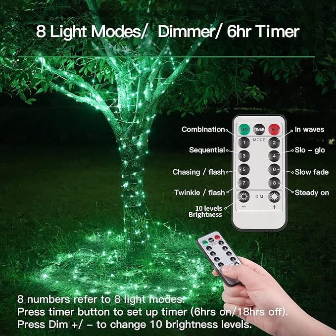 Green Christmas Lights, 33ft 100 LED String Lights with Remote, Green Fairy Lights Battery Operated for Christmas, St Patricks Day, Bedroom, Wreath, Patio, Backyard, Garde, Party Decorations