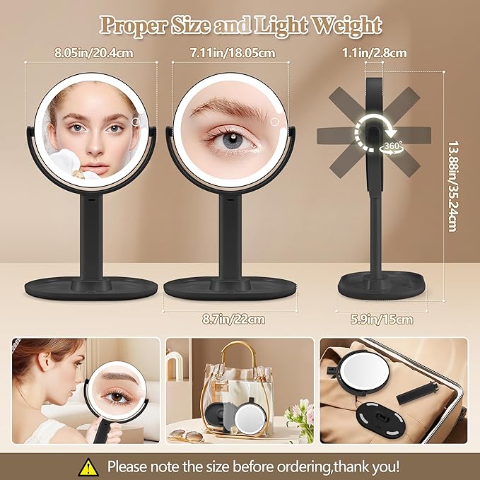 Makeup Mirror with Lights, Double Sided 1x/30x Magnifying Mirror with Light, Rechargeable 3 Color Lights and Adjustable Brightness, 360° Rotation Detachable Comes with Tweezer(Dark-30X)