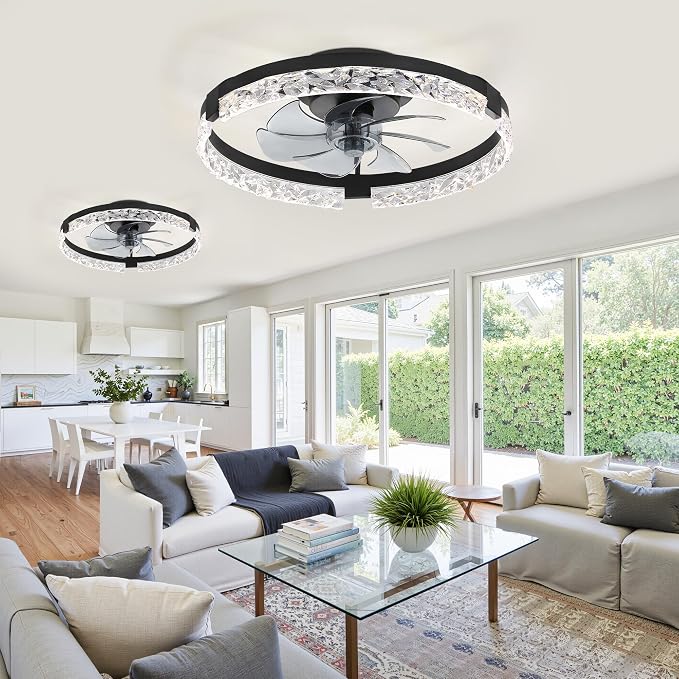 LEDIARY 2 Pack 20" Modern Ceiling Fans with Lights and Remote, Black | Fandelier, Dimmable Low Profile, Flush Mount, Stepless Color Temperature Change, 6 Speeds, Bedroom, Living Room, Kitchen
