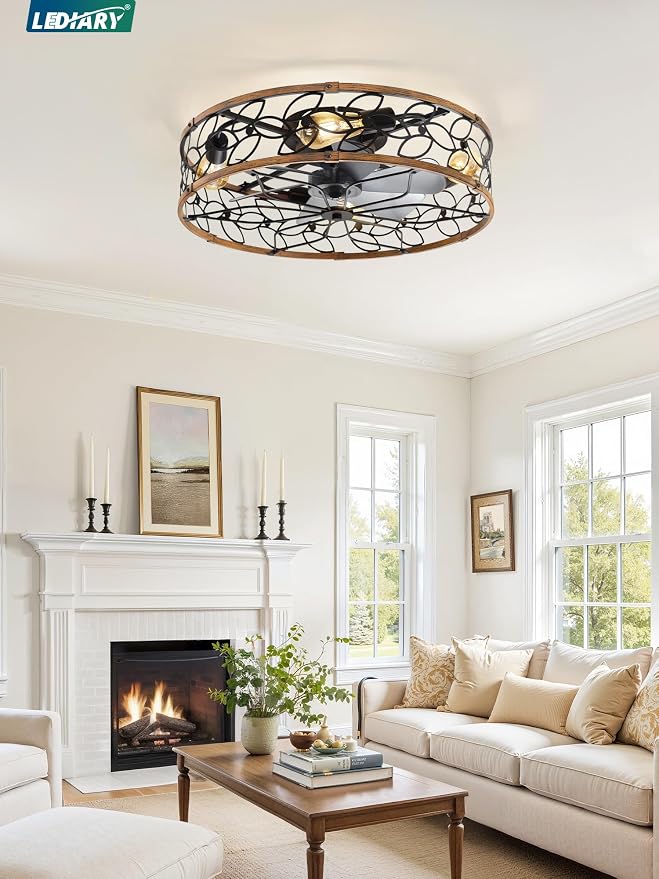 LEDIARY 23" Caged Ceiling Fan with Light, Flush Mount Fandalier with Remote | Low Profile, Farmhouse Large, Bladeless Industrial, Quiet DC Motor, App Control for Bedroom, Kitchen, Dining Room, Walnut