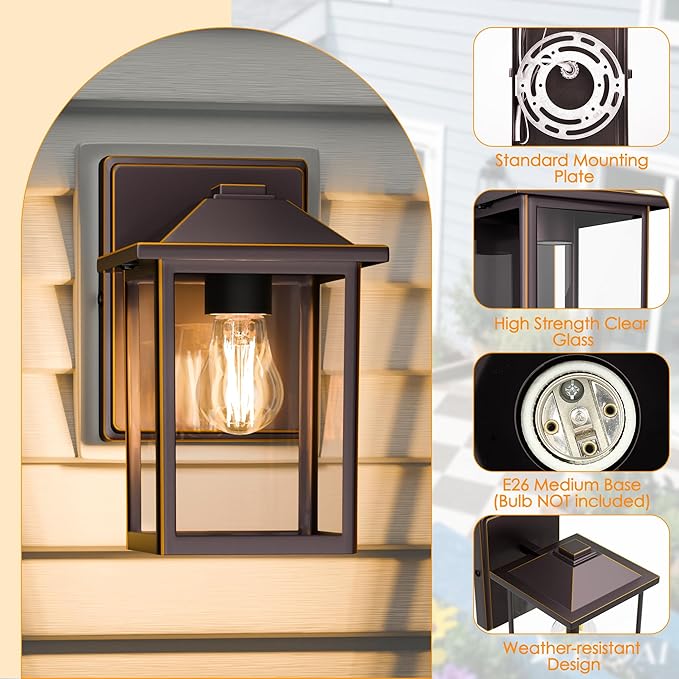 Outdoor Wall Lantern, Exterior Waterproof Wall Sconce Light Fixture, Oil Rubbed Bronze Front Door Mounted Lighting with Glass, Anti-Rust Porch Lamp