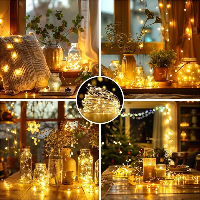 4 Pack Rechargeable Fairy Lights Battery Operated with DIY Timer, 16FT 50 LED Indoor Fairy String Lights, 8 Modes Twinkle Silver Wire Lights for Craft Tree Bedroom Wedding Decor, Warm White