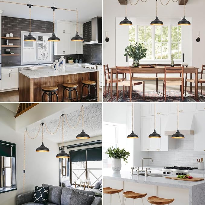 3 Light Plug in Pendant Lights Dome Hanging Lamp with Switch 22 Ft Long Hemp Rope Farmhouse Pndant Light Cord Lighting Fixture DIY Hanging Light