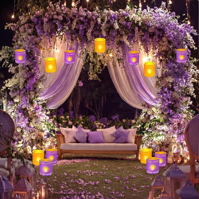 Fuyoooo 20 Set Paper Sun Lantern with LED Candles for Centerpieces LED Tea Lights with Paper Bags Battery Operation for Princess Wedding Party, Halloween, Christmas Decoration(Yellow and Purple,Sun)