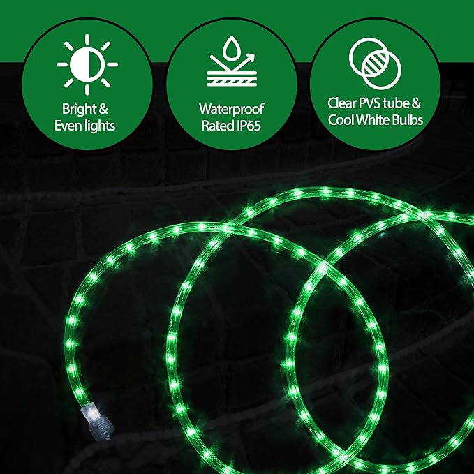 Tupkee LED Rope Light Green - for Indoor and Outdoor use, 24 Feet (7.3 m) - 10MM Diameter - 144 LED Long Life Bulbs Rope Tube Lights - Pack of 2