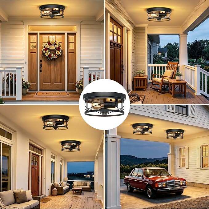 Dusk to Dawn Flush Mount Ceiling Light Fixtures, Motion Sensor for Porch | 2-Light Flush Mount Porch Light, 10in Black Ceiling Mount, Industrial Exterior Light Fixture for Farmhouse Entryway Foyer