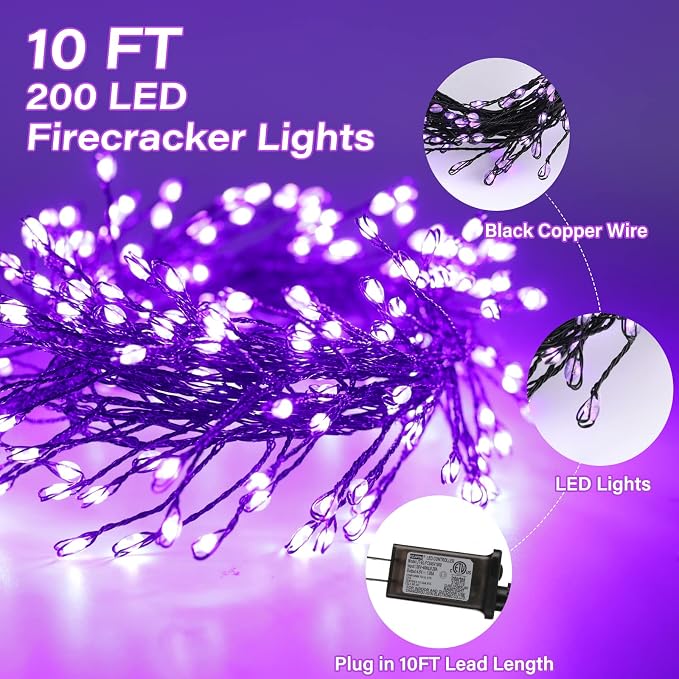 Halloween Fairy Lights Plug in, String Lights for Halloween Decorations | 10FT 200LEDs, 1 Pack with Remote, Purple, Waterproof Firecracker Lights for Ceiling Window Bar Haunted Theme Halloween Decor