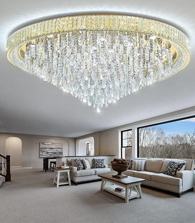 53.7" Modern Crystal Big Large Chandeliers LED Dimmable Flush Mount Ceiling Chandeliers for Living Room High Ceiling Entrance Foyer Lobby Bedroom Gold