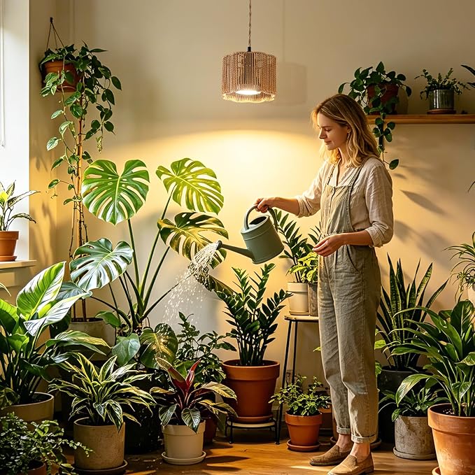 Hanging Grow Light, 30W LED Lamp with Timer for Indoor Plants | 4000K LED plant lamp with 15 ft cord, outlet timer, and boho paper rope shade for succulents, herbs, and low-light rooms.