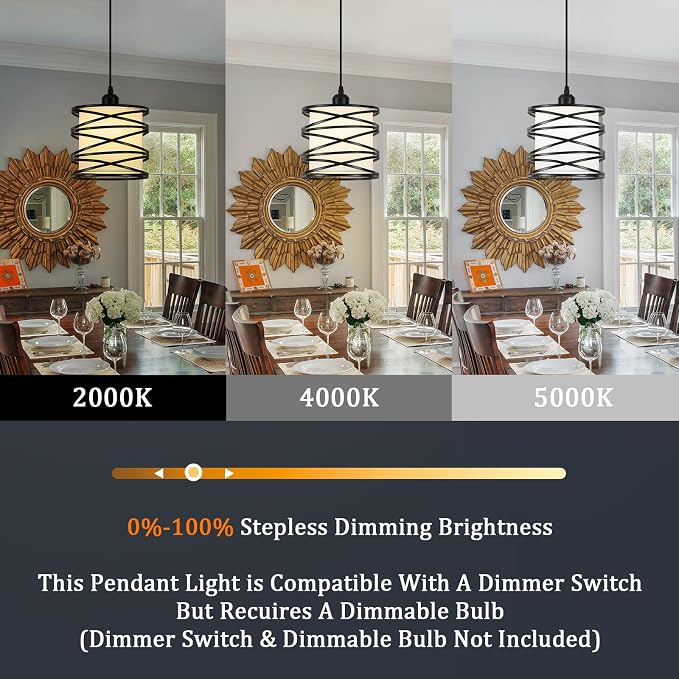 Farmhouse Pendant Island Light Fixtures, Metal Hanging Light Fixtures with Fabirc Lighting for Dining Room Bedroom Bar Office, Industrial Black, 1 Pack - ETL Certified