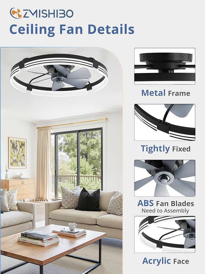ZMISHIBO Low Profile Ceiling Fans with Lights and Remote, 24 “ Black | 3000K-6000K Dimmable Fandelier LED, Flush Mount, 6 Wind Speeds, Reversible, Timer, Bedroom, Living Room, Kitchen, Kids Room