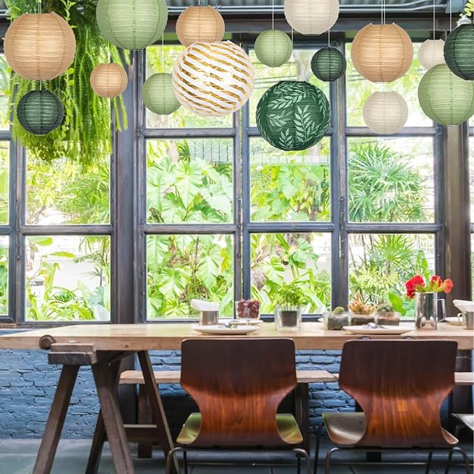16-Pack Chinese Paper Lanterns, Sage Green Brown Party Decorations | 4/6/8/10/12-Inch Hanging Lanterns with Olive Leaf and Foil Stripes for Jungle Themes, Birthdays, Weddings and Baby Showers