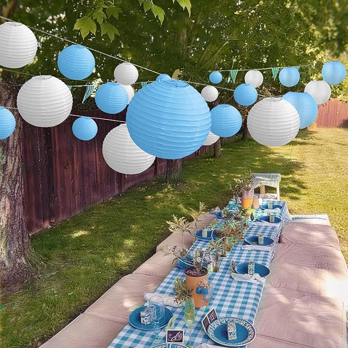 KNONEW 10 Pack White Outdoor Silk Lanterns Decorative, 10inch Waterprooof Outside Indoor Chinese Hanging Round Lanterns for Weddings, Birthdays, Parties Decoration (Blue and White)
