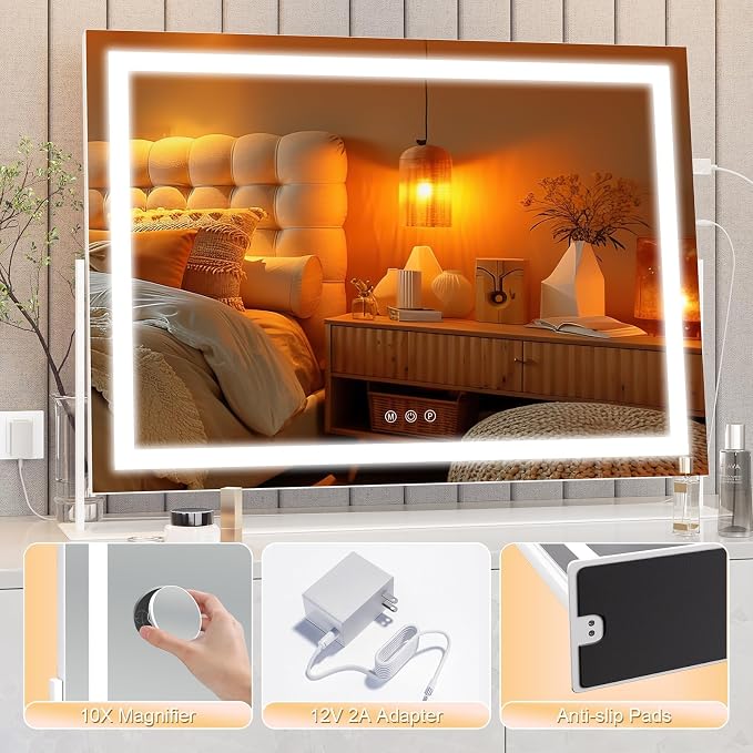 Hasipu Vanity Mirror with Lights, 28" x 20" LED Makeup Mirror, Light up Mirror with 10X Magnification and Phone Holder, USB Charging Port, Smart Touch 3 Colors Dimmable, 360ยฐ Rotation (White)