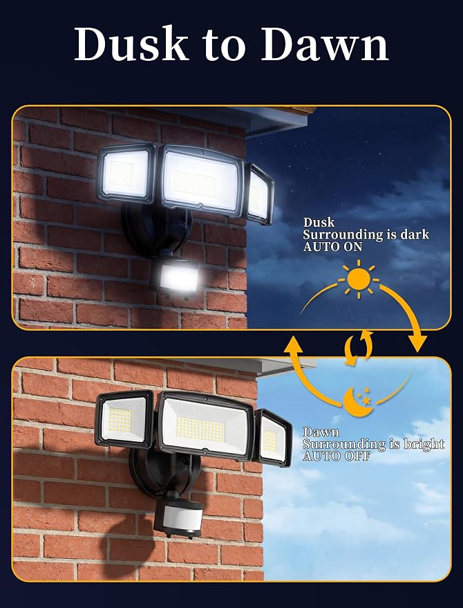 100W 11000LM Security Lights Outdoor with Remote Control, 6500K Daylight LED Flood Light, IP66 Waterproof, Dusk to Dawn, 3 Head Motion Detected for Garage, Yard