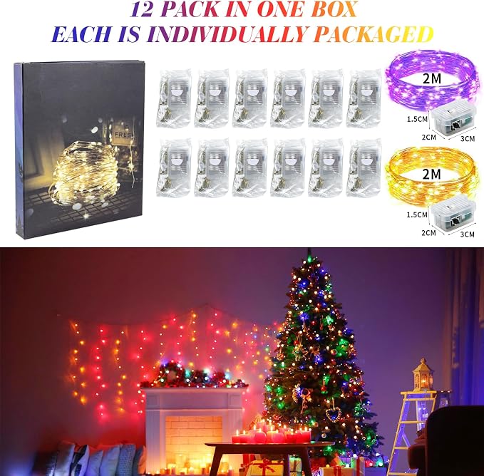 ZGWJ 12 Pack Fairy Lights, Mini String Lights, Warm and Purple | Battery Operated 7 FT 20 LED Waterproof 3 Modes for DIY, Parties, Wedding, Halloween, Christmas Decoration