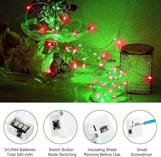 btfarm 12 Pack Fairy Lights Battery Operated Twinkle Lights with 3 Modes | 7Ft 20 Led String Light, Waterproof Mini Silver Wire for Christmas Mason Jars Wedding Table Centerpiece, Red Green
